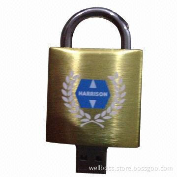 1 to 32GB Lock-shaped USB Flash Drive, Housing made of Aluminum, Customized Logo Printings Accepted